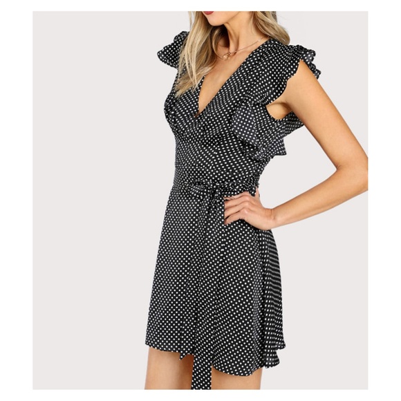Black Polka Dot Ruffle Sleeve Mini Dress - Picture 2 of 5
